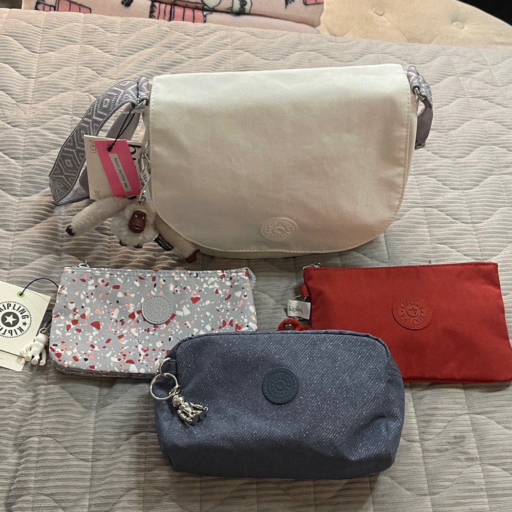 Kipling Crossbody Bag and Pouches Set - White, Blue Sparkle, Multi, Teracotta